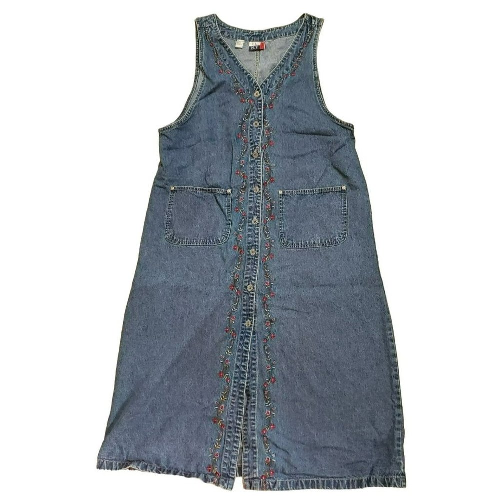 Vintage J.L. NY Women's Button Front Floral Embroidered 1980's Sleeveless Dress